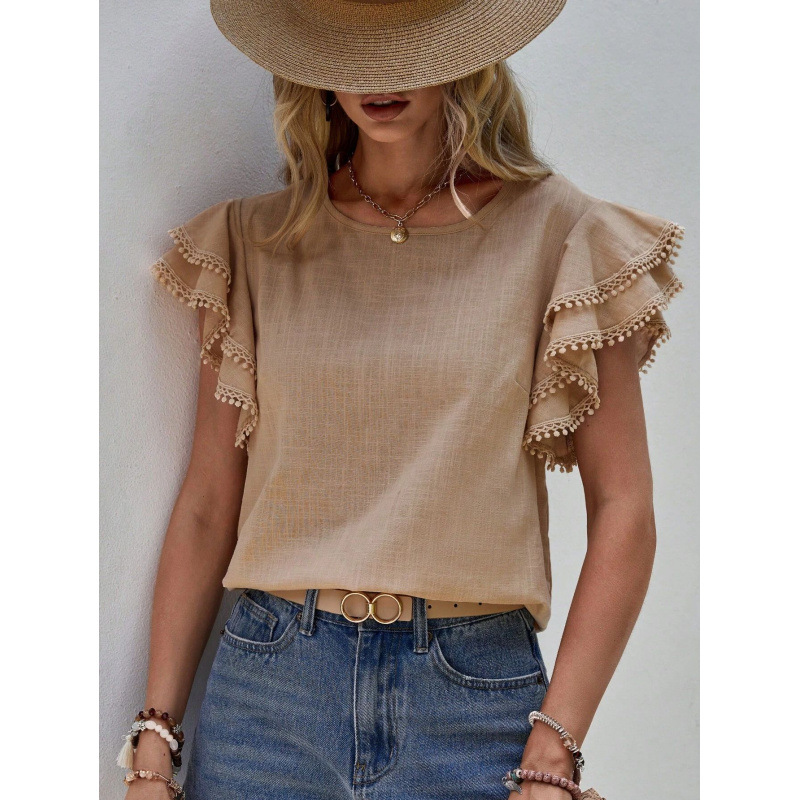 Women's Casual Round Neck Ruffle Sleeve Loose Blouse