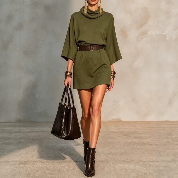 Women's Cowl Neck Loose Drop Shoulder Solid Midi Dress with Three-Quarter Sleeves