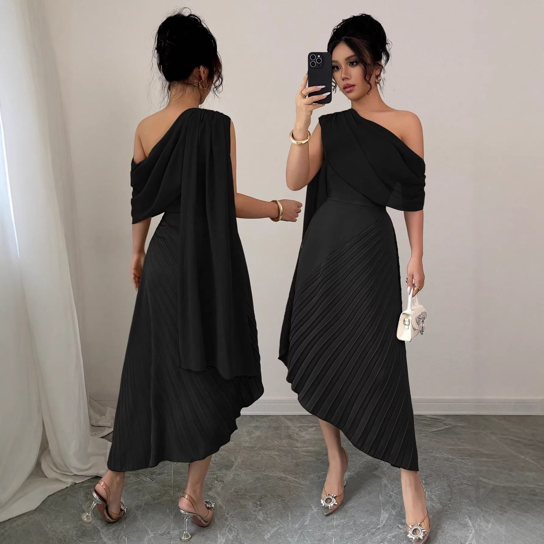Women's One-Shoulder Ribbon Pleated Midi Dress Elegant Party Gown