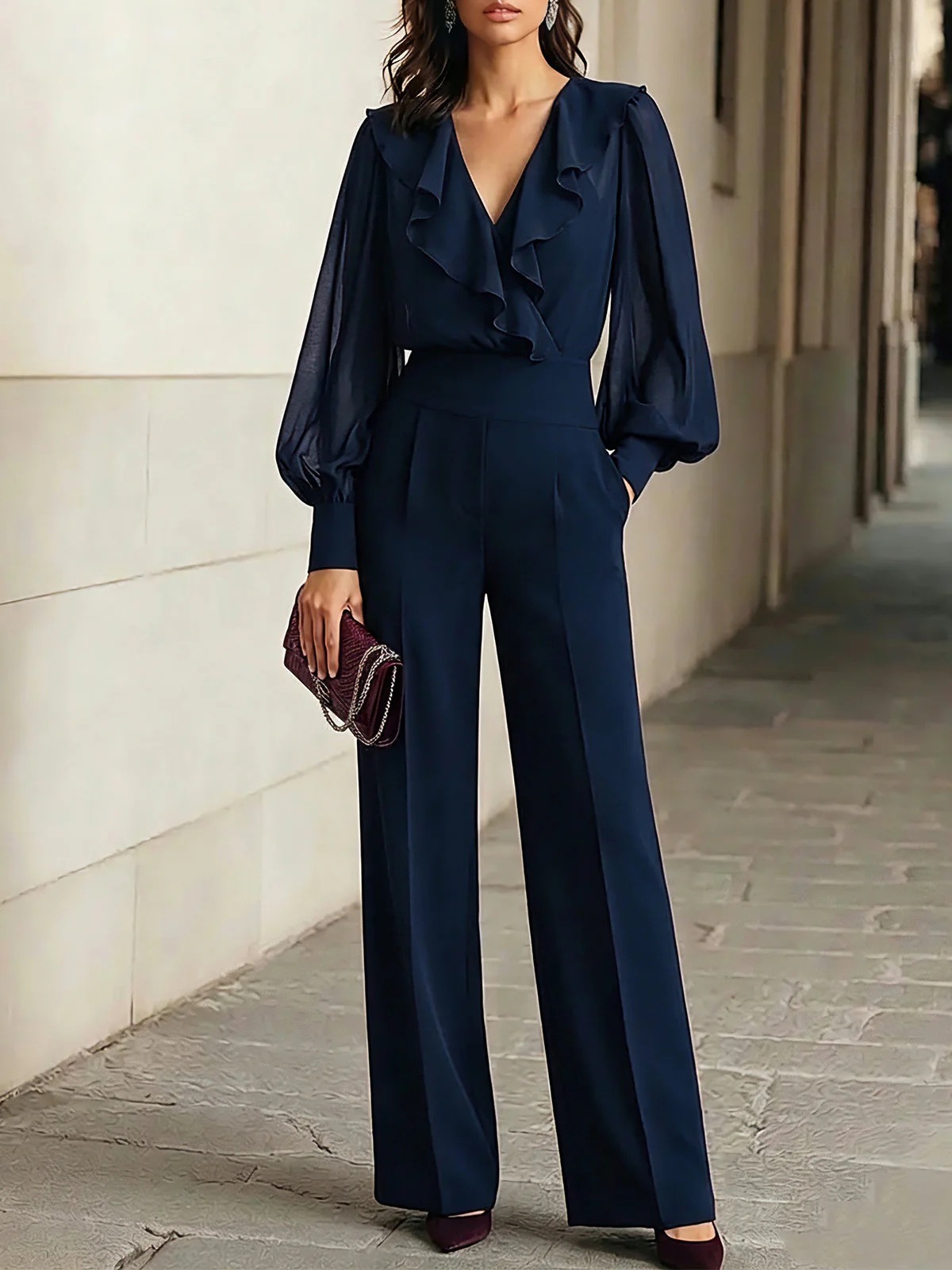 Navy Ruffle V-Neck Puff-Sleeve Chiffon Top & High-Waist Wide-Leg Pants Set