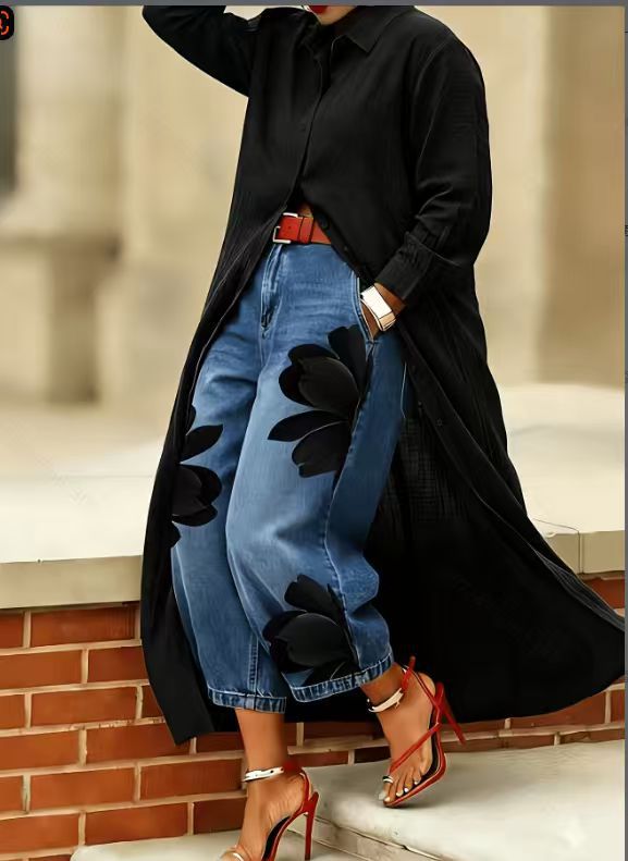 Yellow Long Shirt Jacket & Floral Wide-Leg Jeans Set