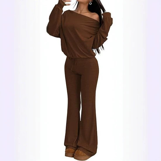 Solid One-Shoulder Long-Sleeve Top & High-Waist Flared Wide-Leg Pants Set