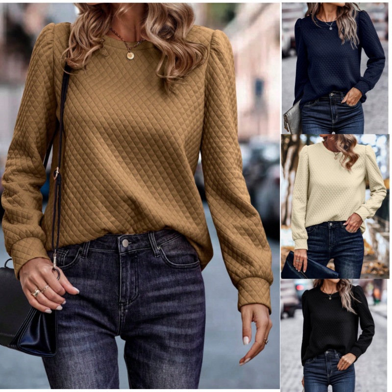 Women's Crewneck Puff Sleeve Plaid Pullover Sweatshirt