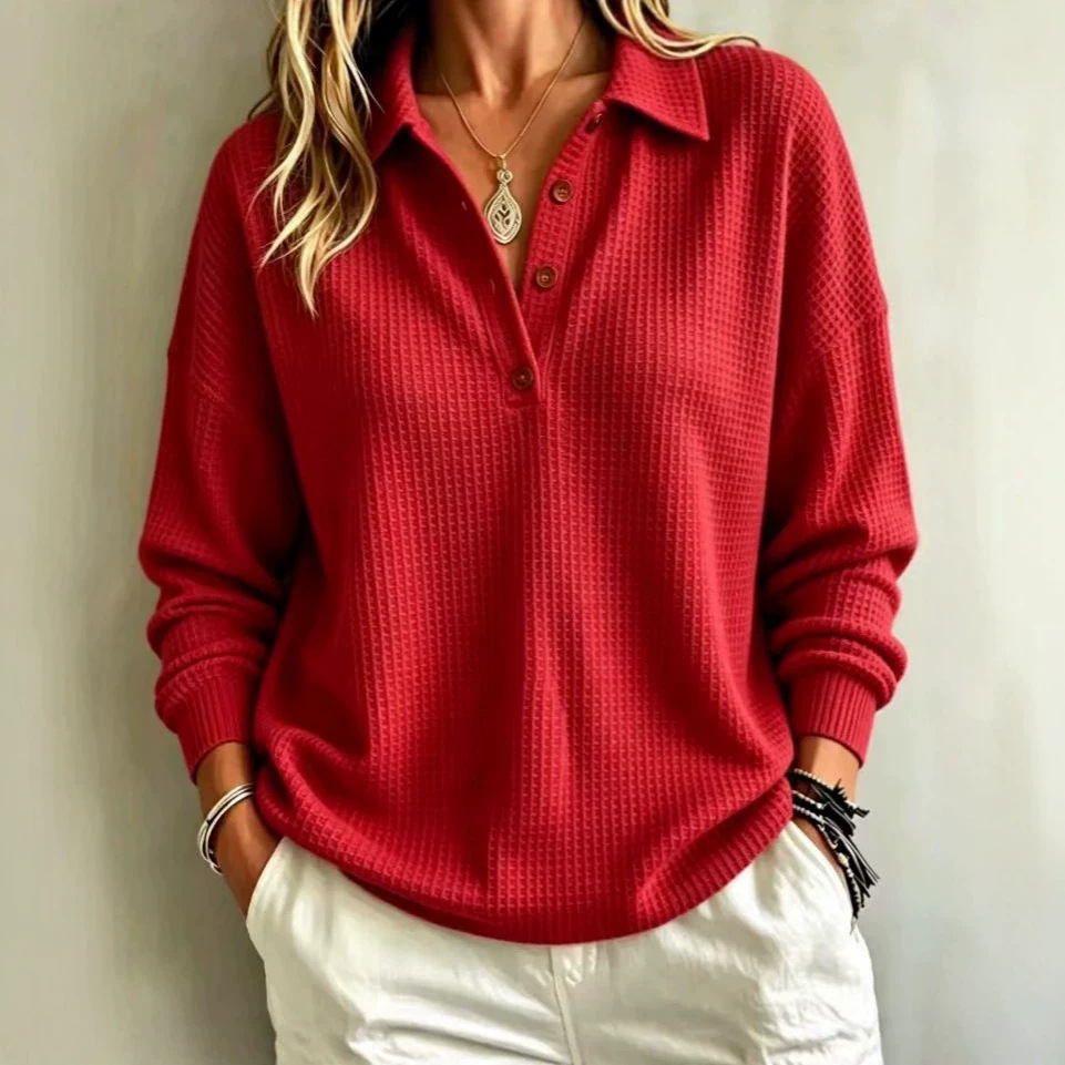Waffle Knit Button-Front Pullover Top