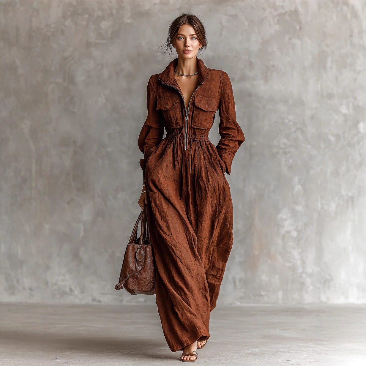 Women's French-Style Zip Collar Long Dress with Elastic Waist