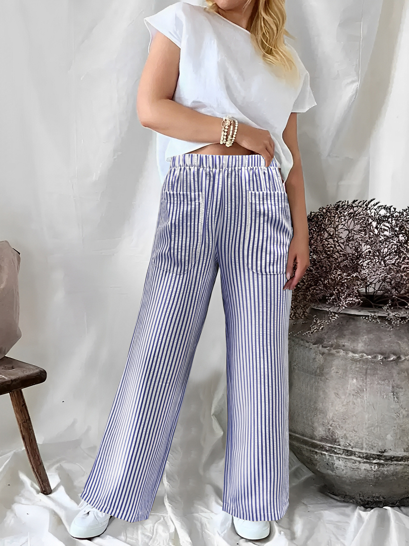 Women's Striped Wide-Leg Pants with Pockets Casual Loose Fit