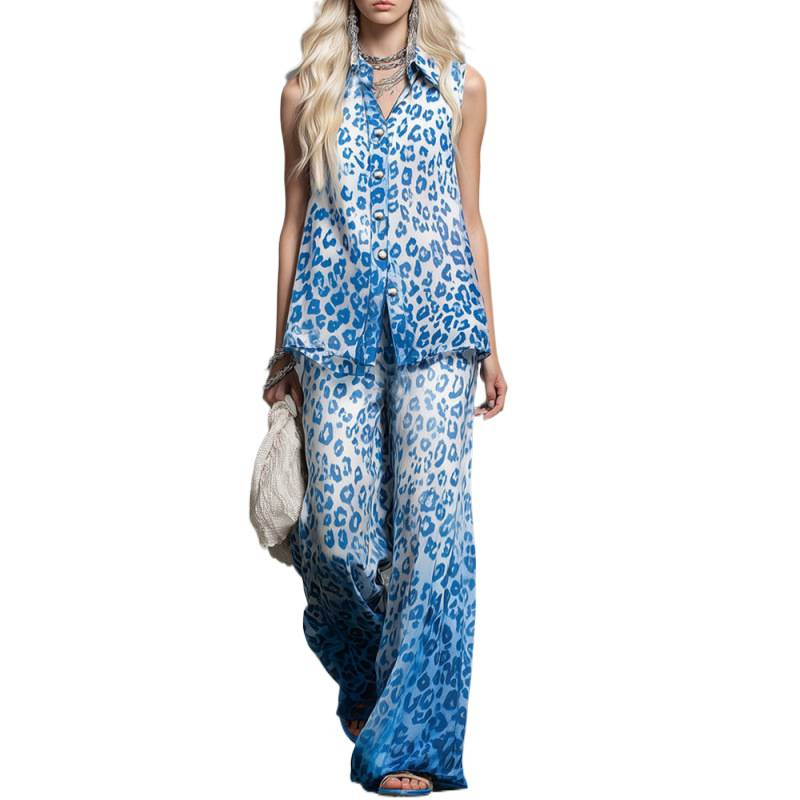 Leopard Print Sleeveless Shirt and Pants Two-Piece Set