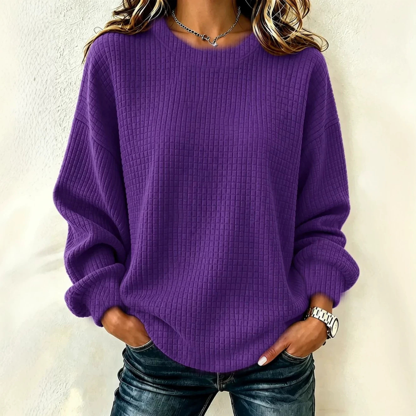 Waffle Knit Long Sleeve Crewneck Pullover Sweatshirt