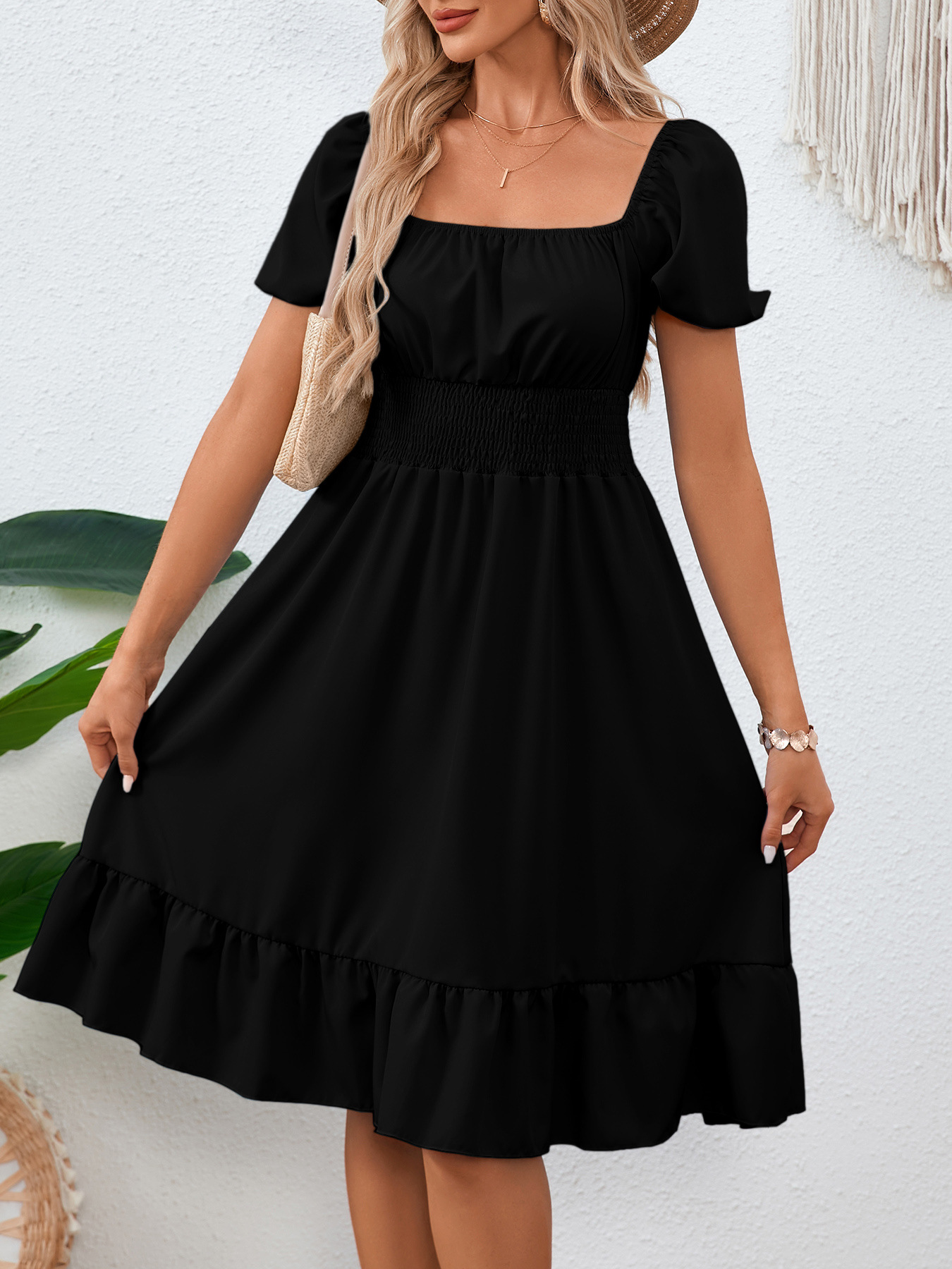 Women's Ruffle A-Line Dress Square Neck Short Sleeve Solid Color