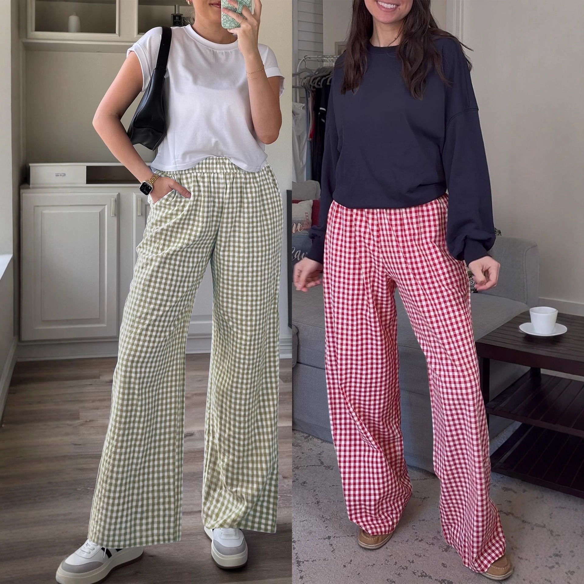 Plaid Wide-Leg High-Waist Pants with Pockets