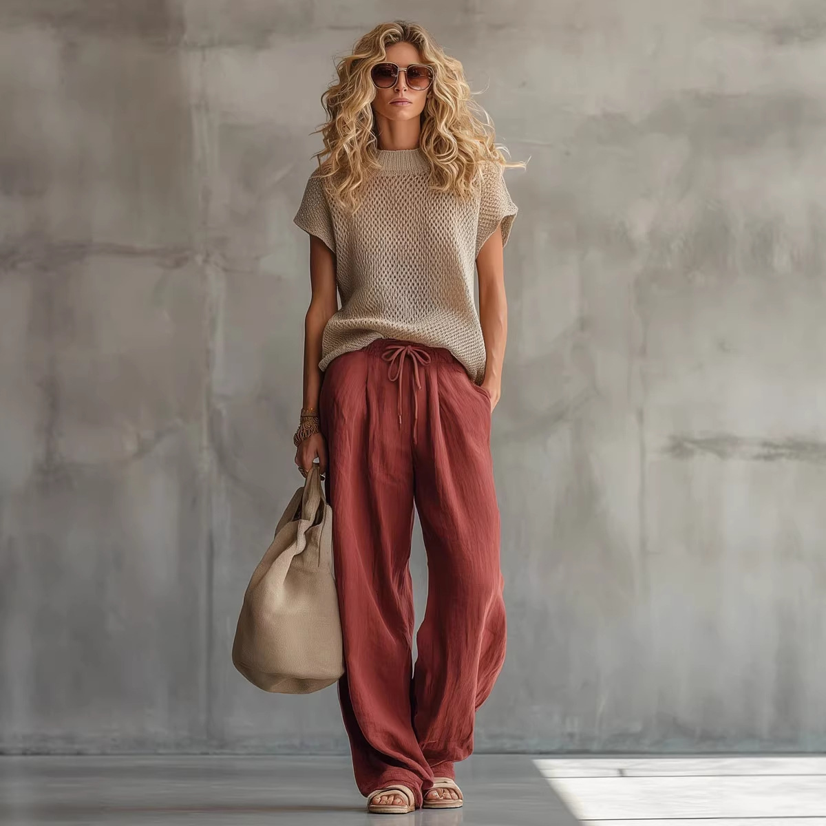 Women's Retro Short-Sleeve Knit Top & Brick Red Cotton-Linen Wide-Leg Pants Set