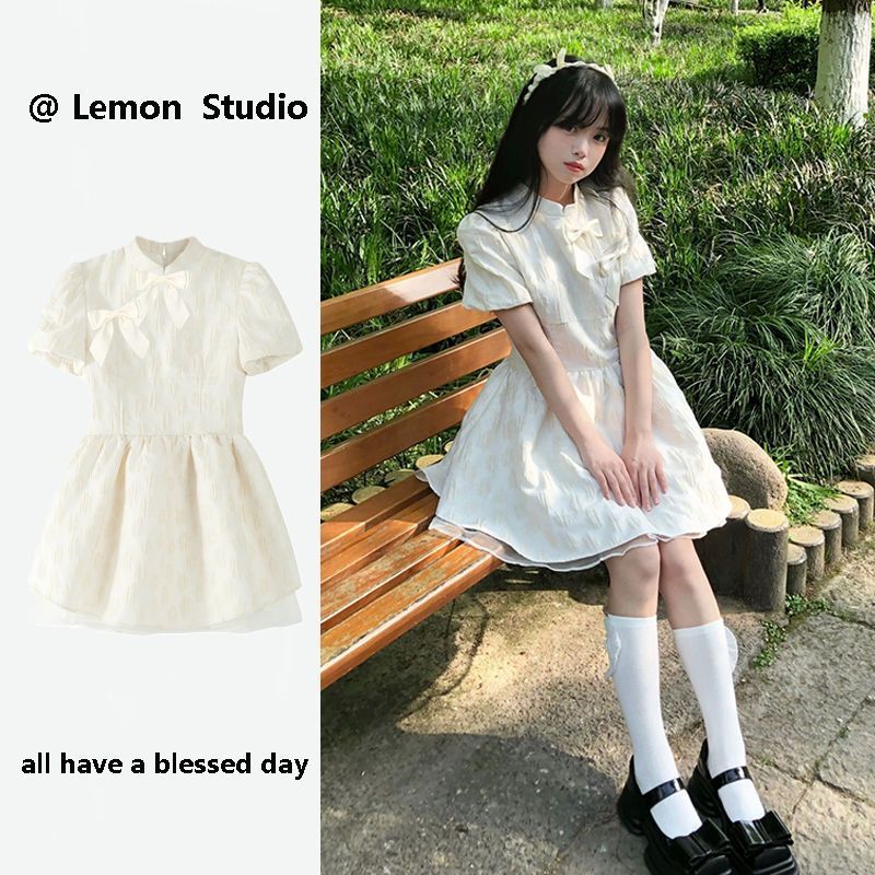 New Chinese Style Bow Jacquard Mesh Mini Dress with Cinched Waist