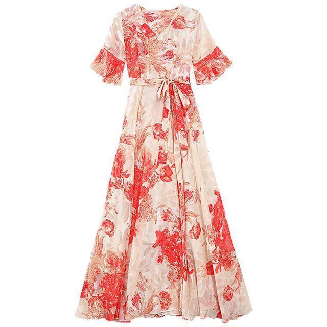 Women's Floral A-Line Midi Dress with V-Neck and Short Sleeves