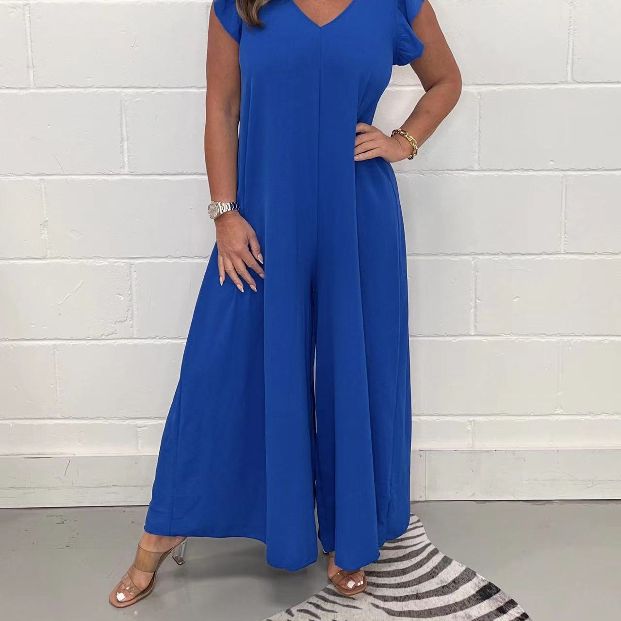 Women's Tie-Waist Ruffle Wide-Leg Jumpsuit Solid Casual