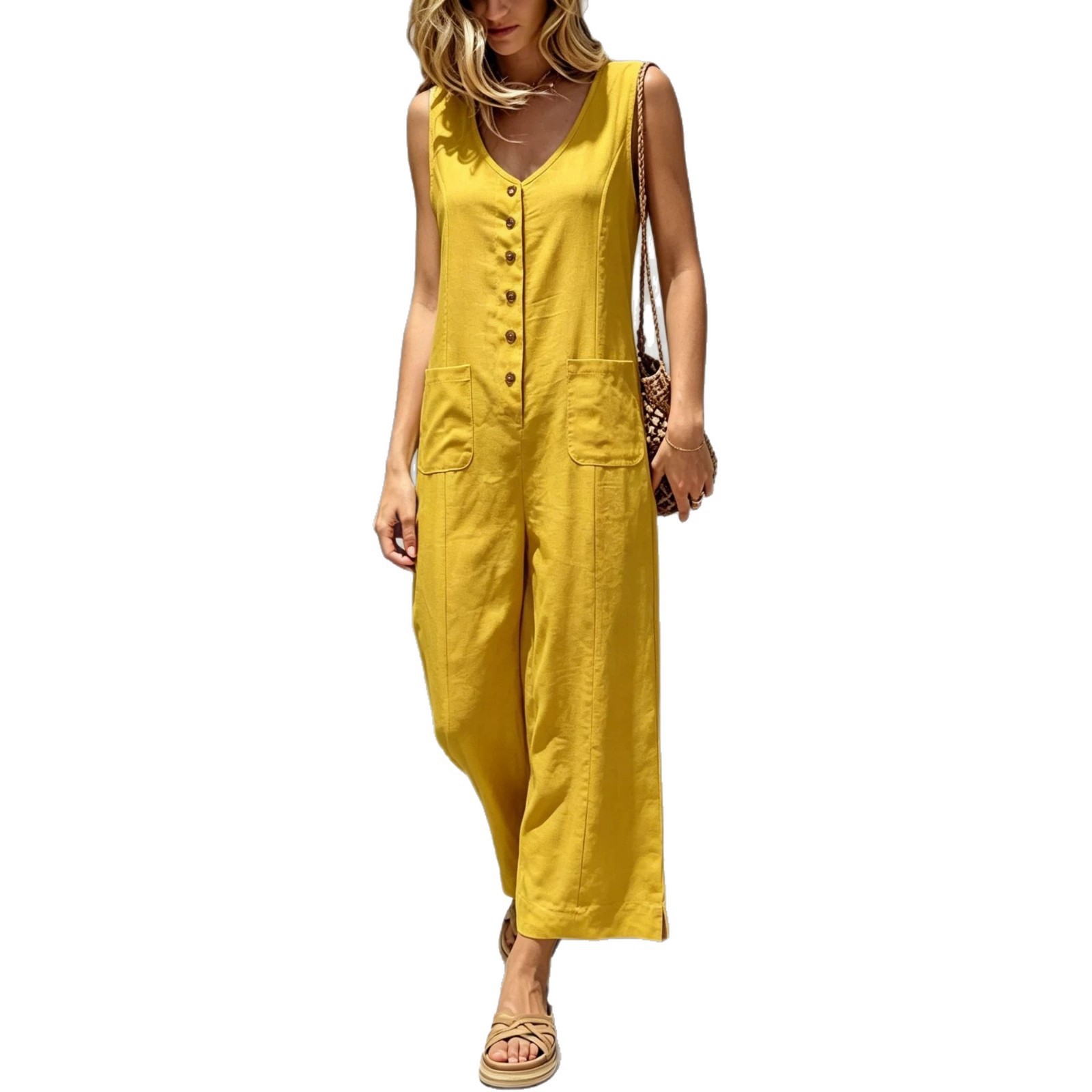 Women's Sleeveless Button-Front Wide-Leg Jumpsuit with Pockets