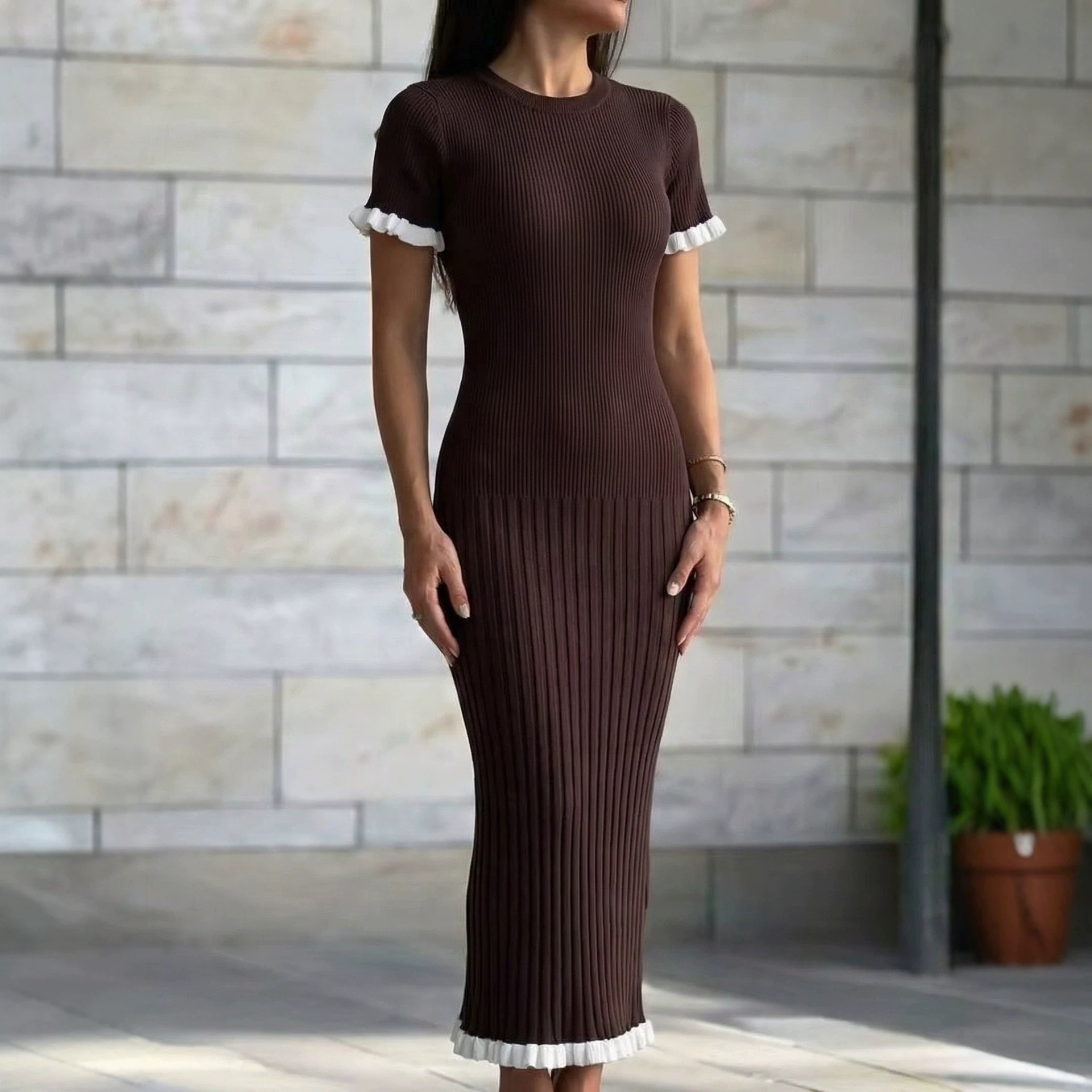 Women's Ribbed Knit Sweater Dress with Collar Button Accent and Ruffle Trim