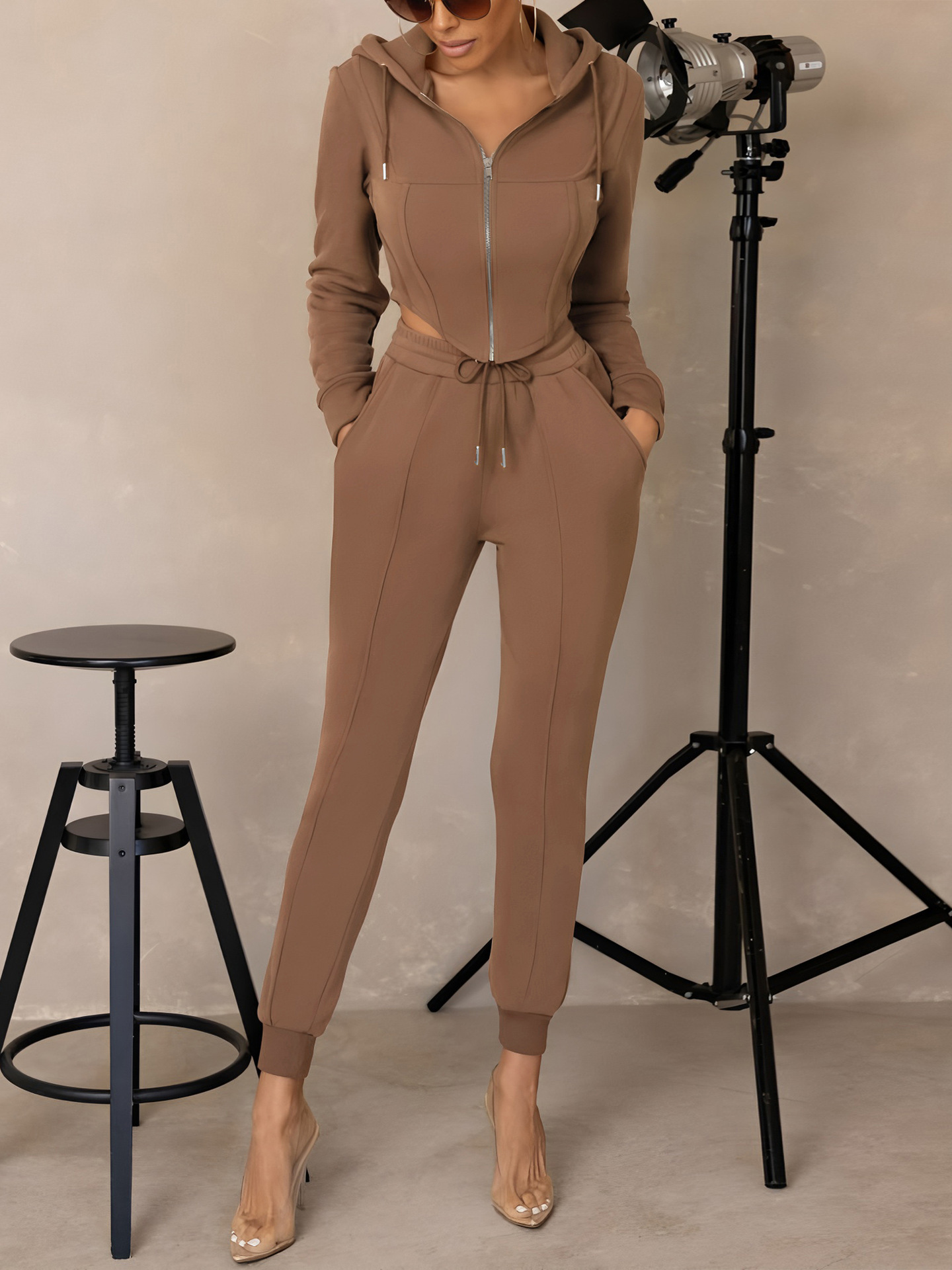 Women's Hooded Zip-Up Cropped Sweatshirt & Jogger Set