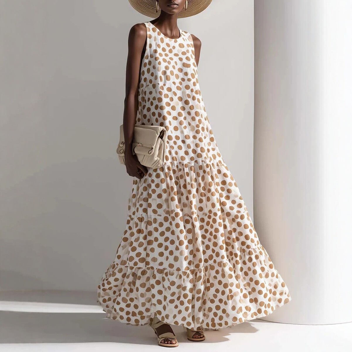 Women's Loose V-Neck Waist-Cinching Ruffle Midi Dress
