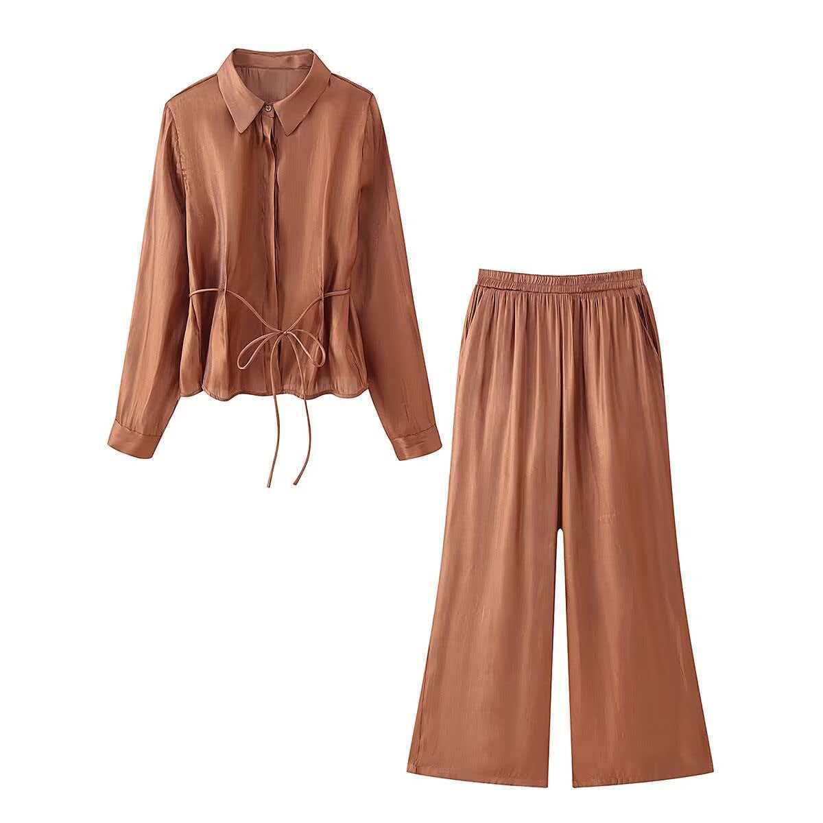 Women's Tencel Drawstring Shirt and Wide-Leg Pants Set