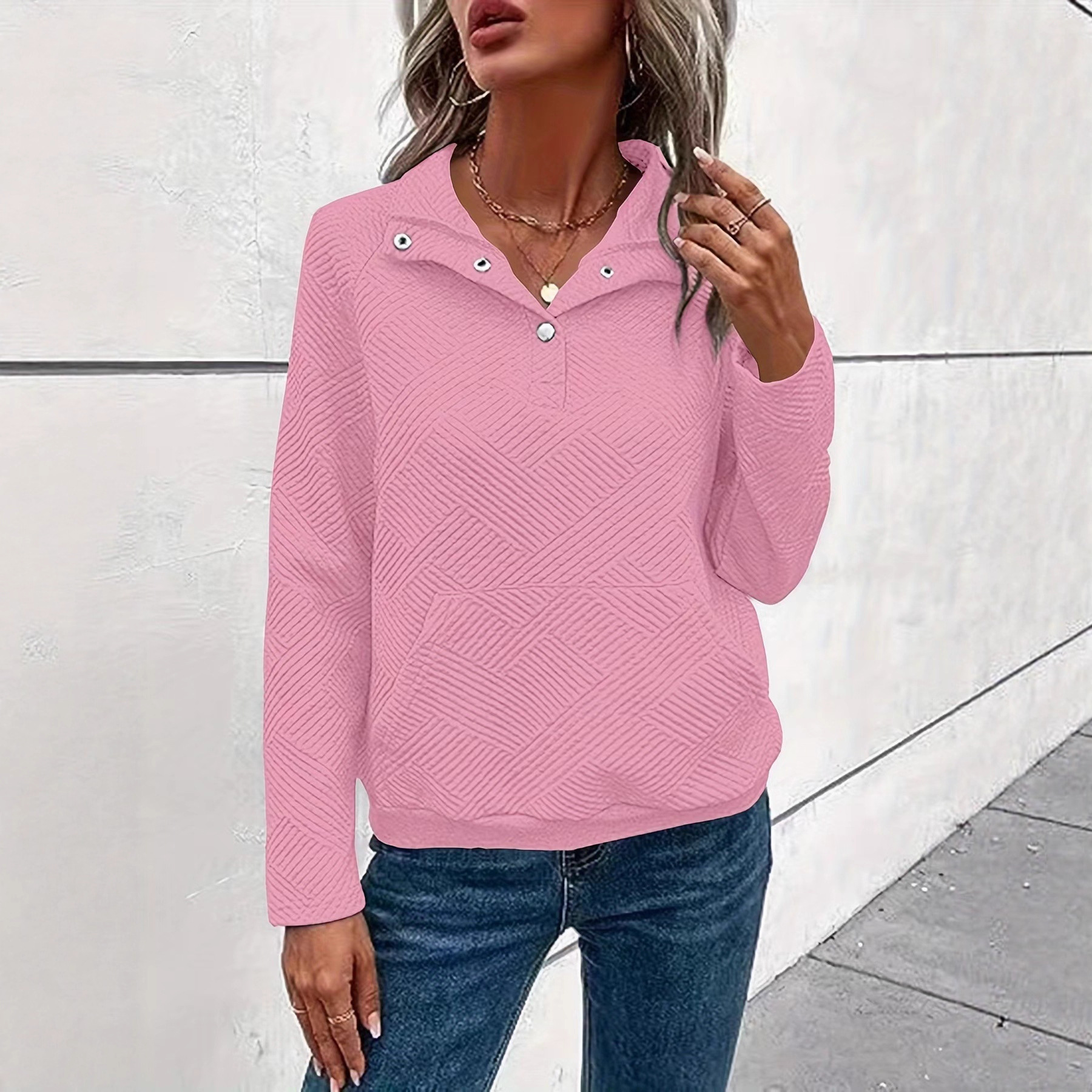 Solid Textured Buttoned Collared Long-Sleeve Sweatshirt Loose Fit