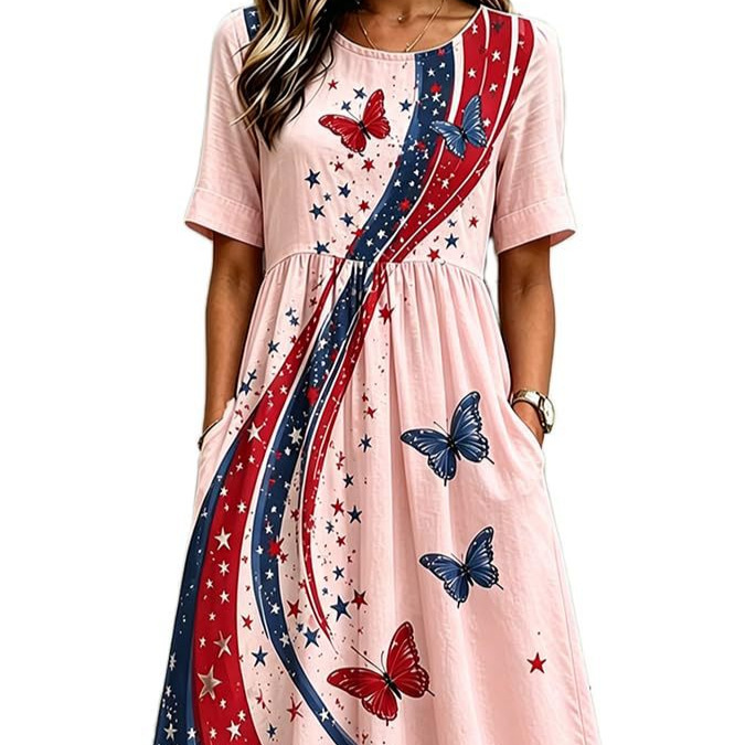 Women's Elegant Butterfly Line Print Pleated Midi Dress