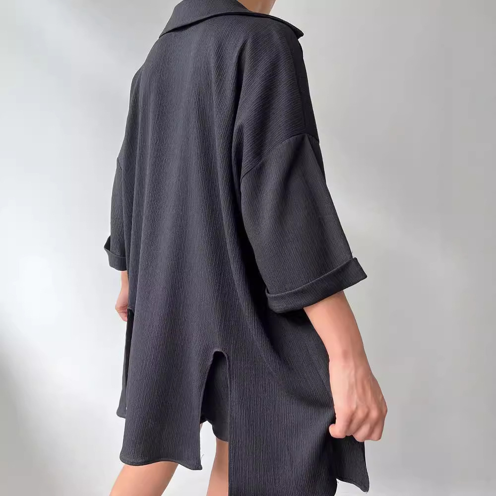 Women's Split Front Midi Sleeve Shirt and Shorts Set