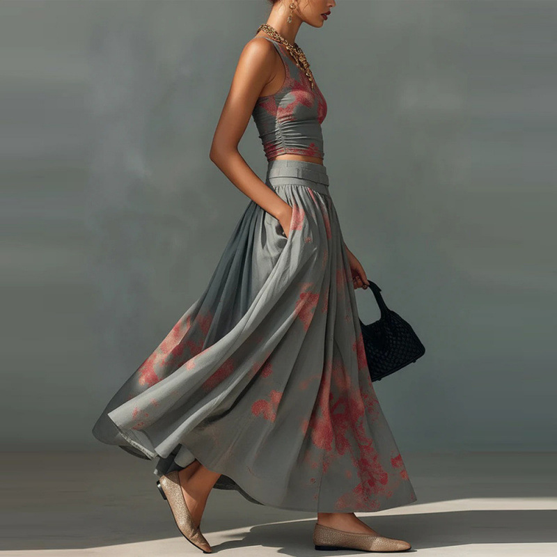 Women's Boho Floral Print Sleeveless Tank Top and Long Skirt Two-Piece Set