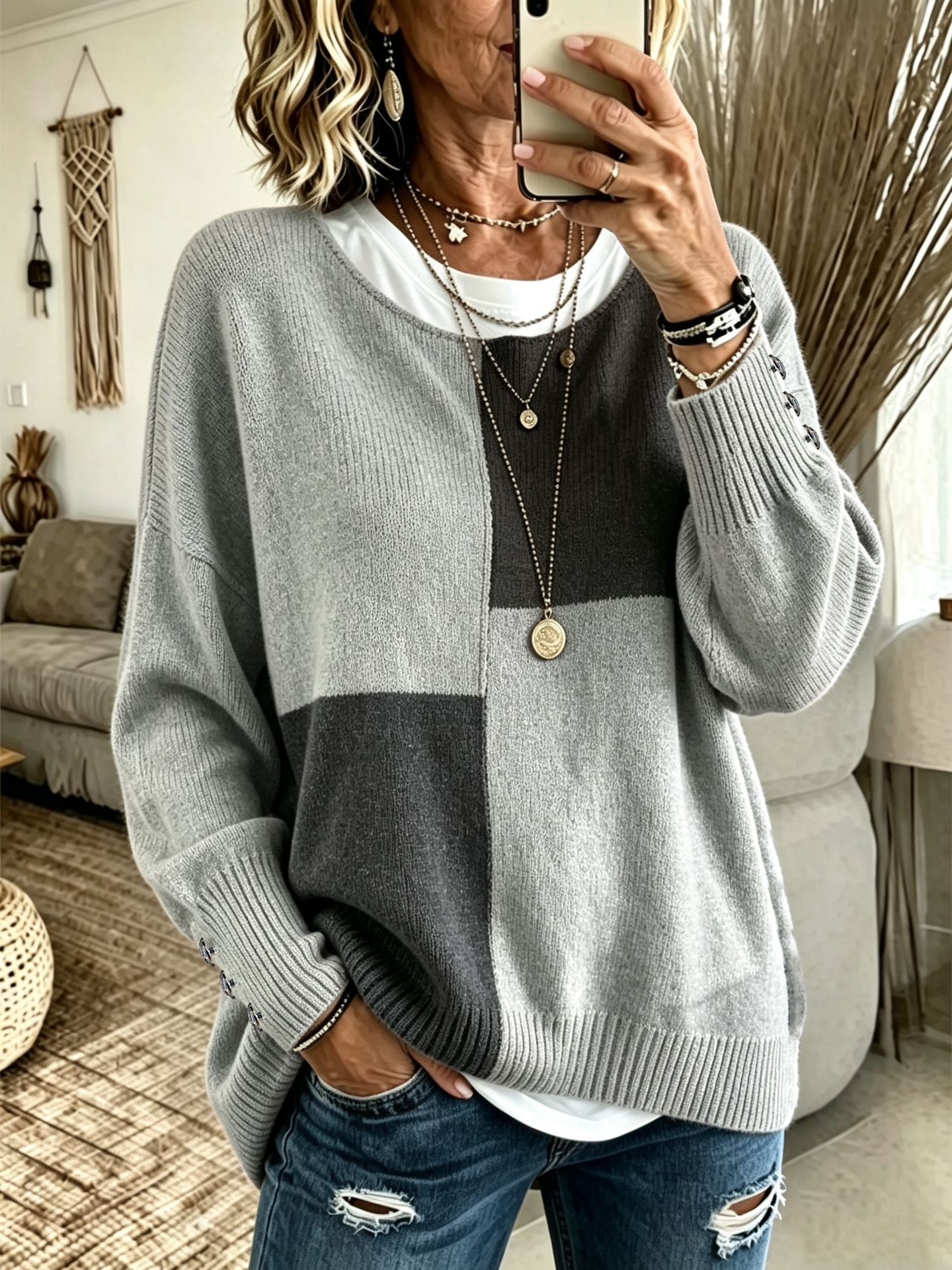 Women's Color-Block Crewneck Knit Sweater Loose Casual Pullover