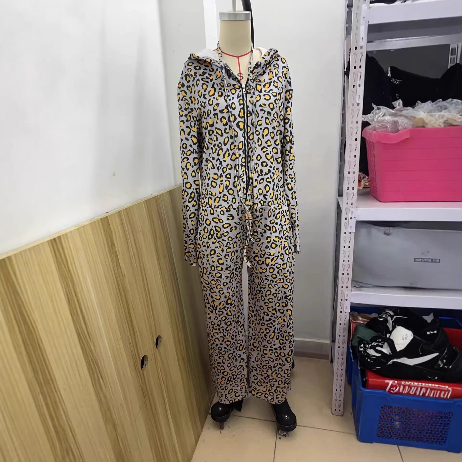 Gold Velvet Leopard Print Hooded Wide-Leg Jumpsuit