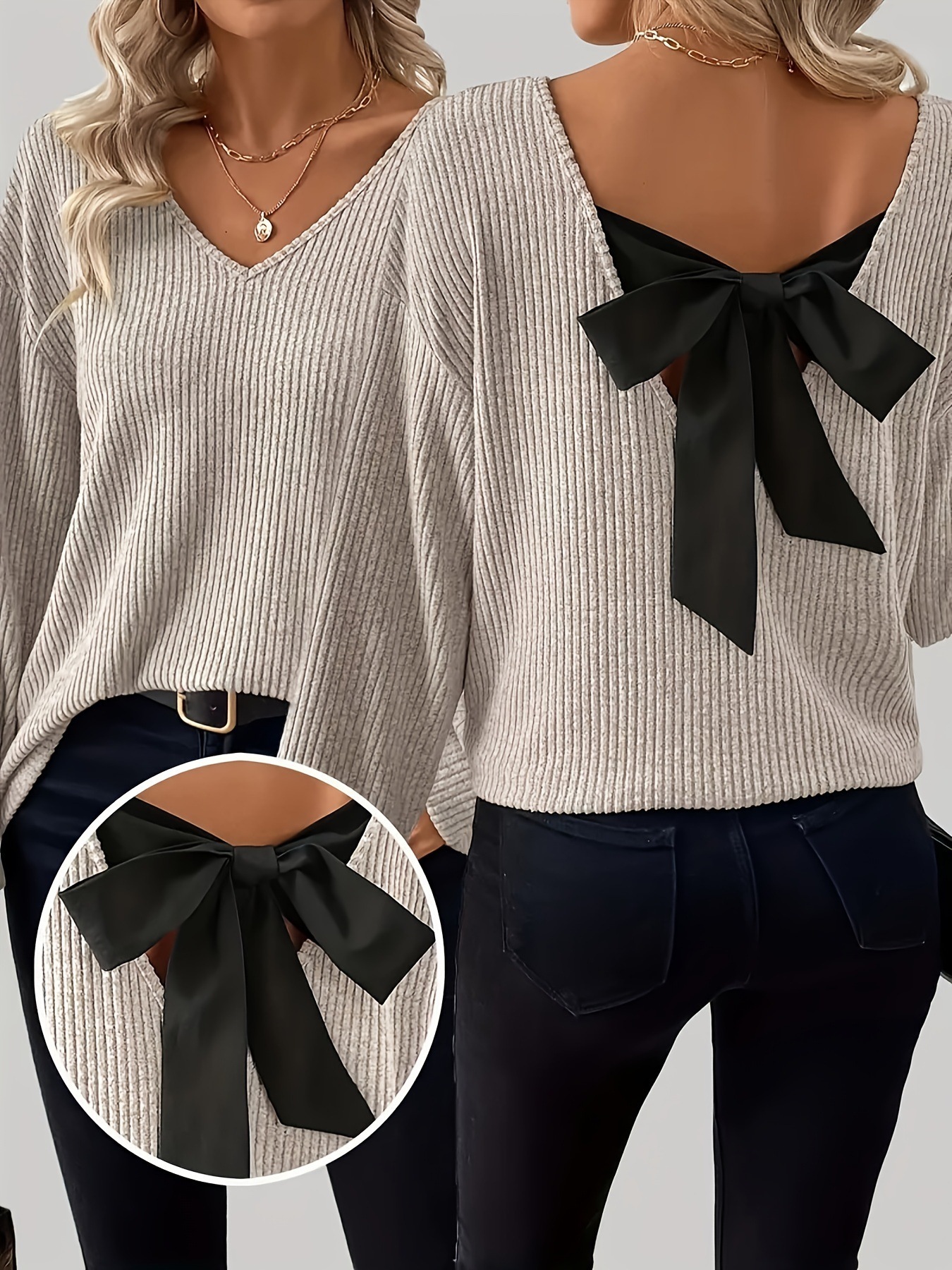 V-Neck Bow Pullover Sweater