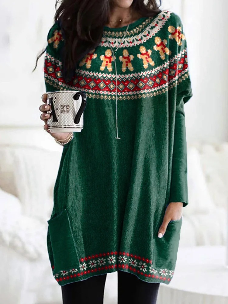 Women's Animal Print A-Line Midi Dress Long Sleeve Crew Neck Casual