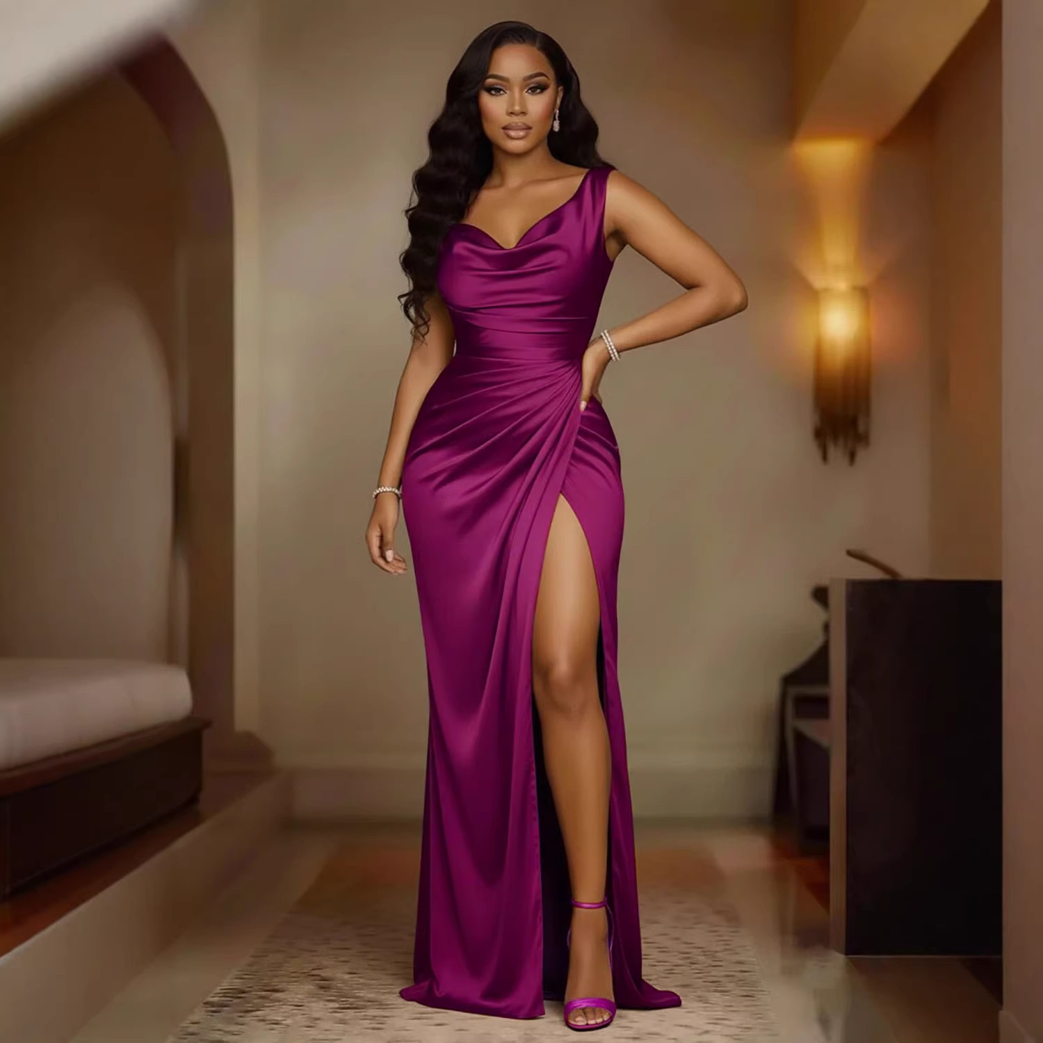 Solid Bodycon High Slit Long Evening Dress