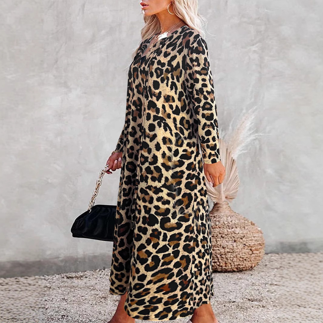 Leopard Print V-Neck Long Sleeve Pullover Shirt Dress