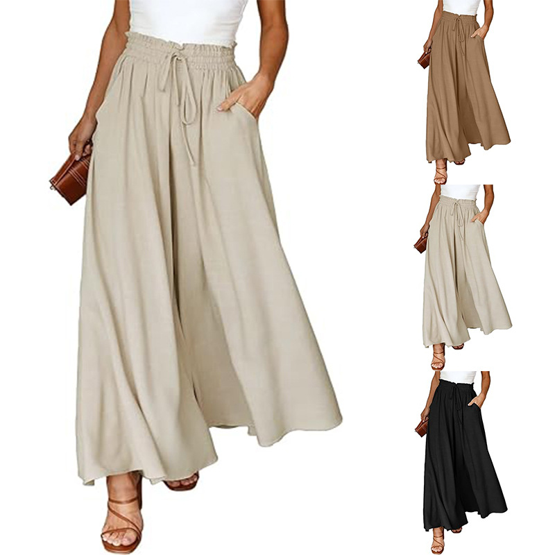 Women's High-Waist Wide-Leg Cotton-Linen Pants Skirt with Pockets