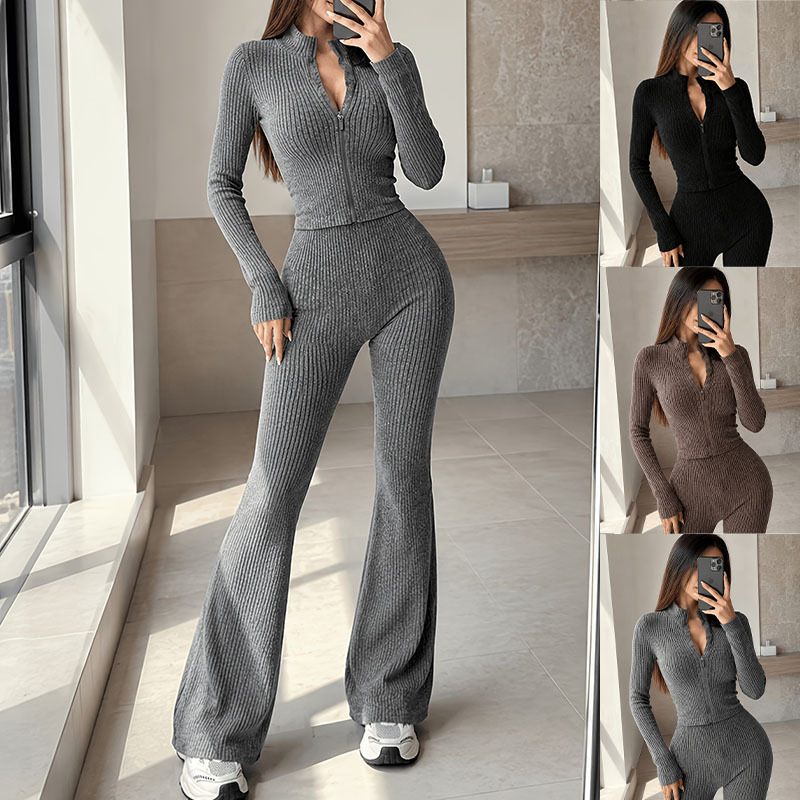 Women's Textured Zip Cardigan & High-Waist Flared Pants Set