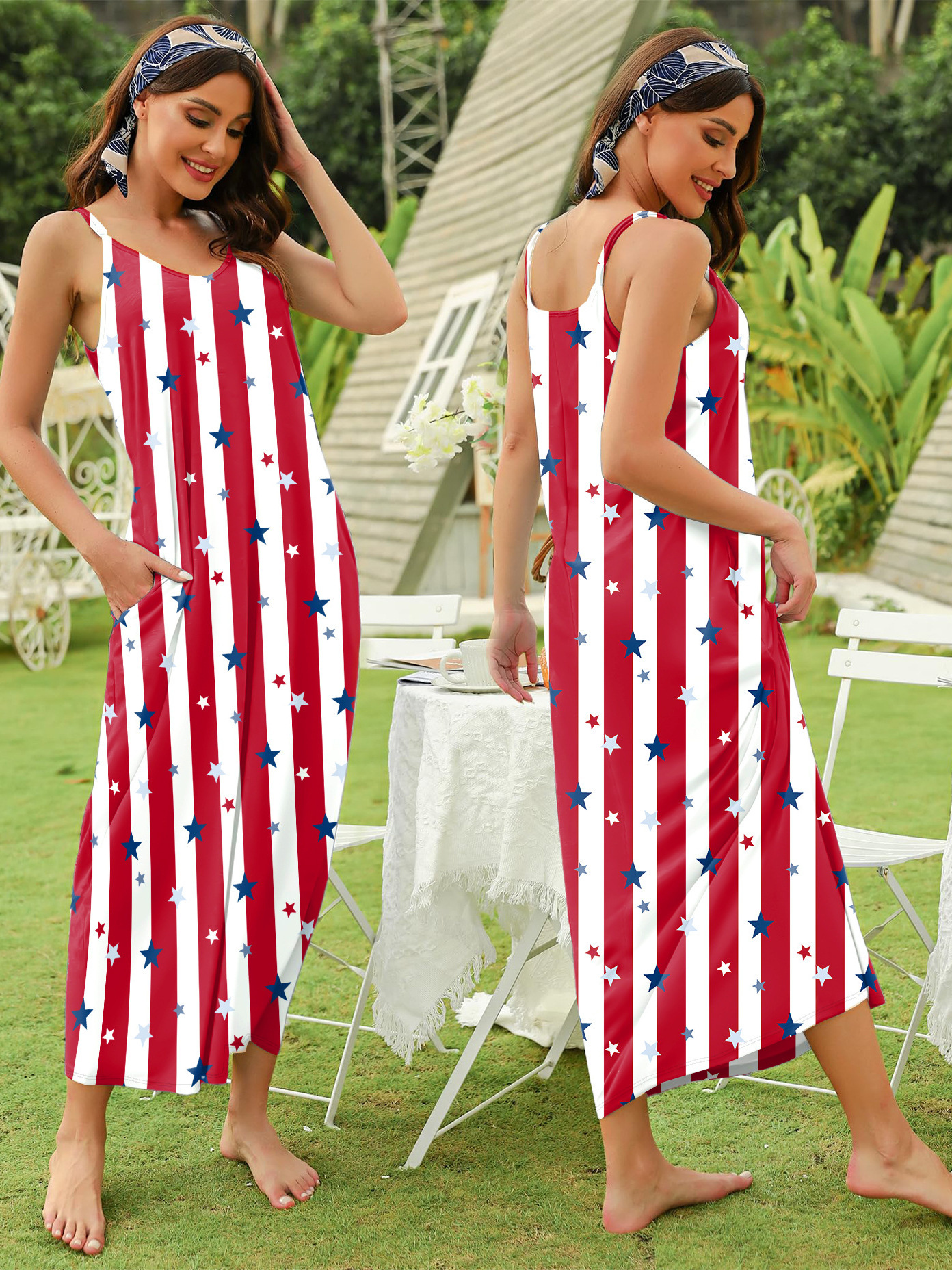 Flag Print Sleeveless A-Line Midi Dress with Pockets
