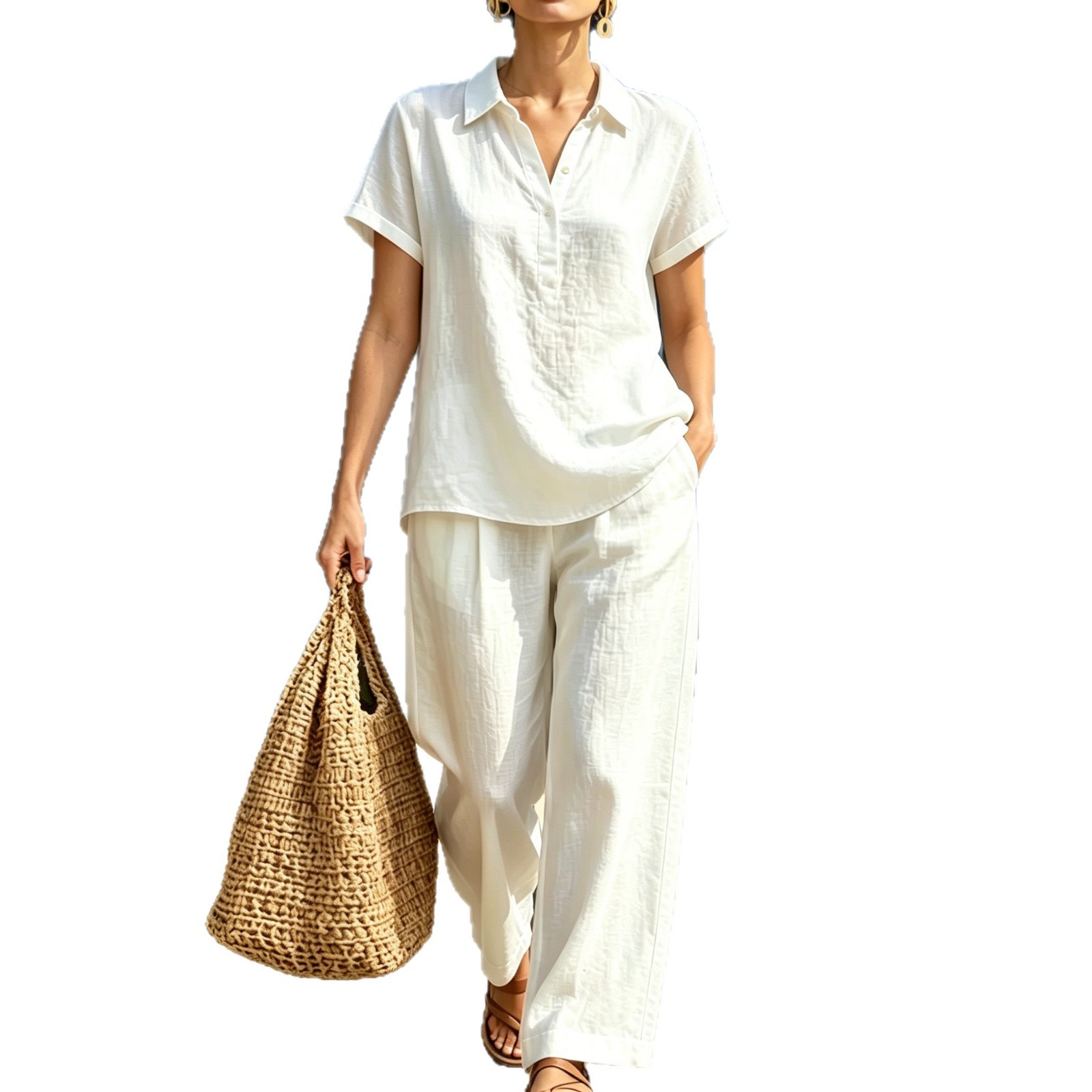 Solid Color Linen-Blend Two-Piece Set for Women – Short Sleeve Collared Shirt & Wide-Leg Pants, Casual