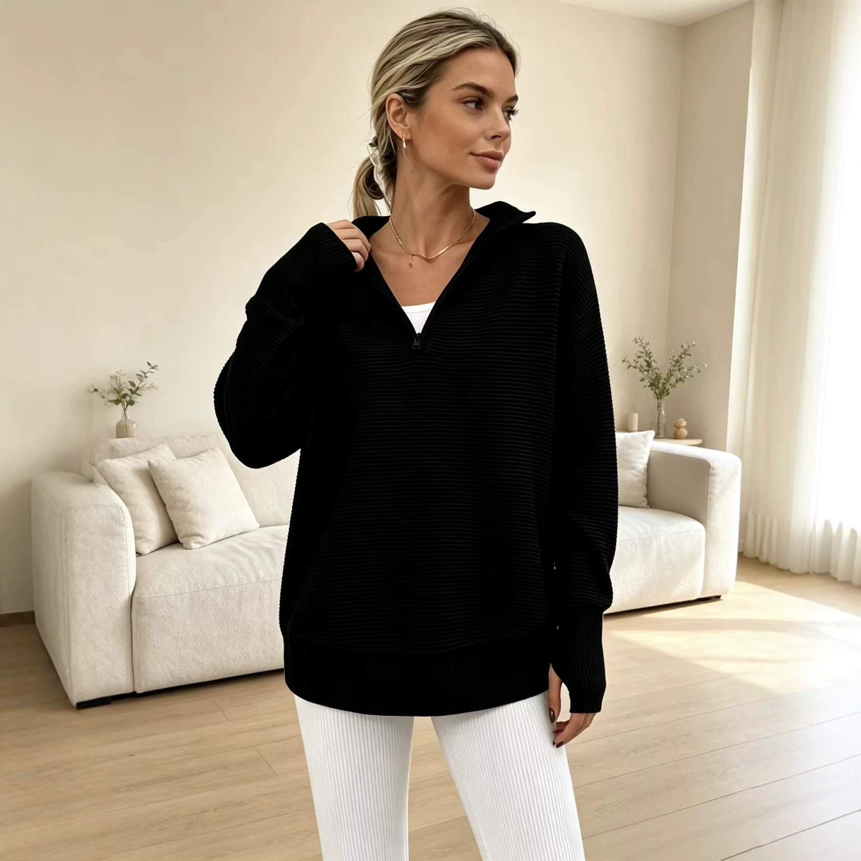 Women's Knit Half-Zip V-Neck Loose Midi Pullover Sweater with Dolman Sleeves