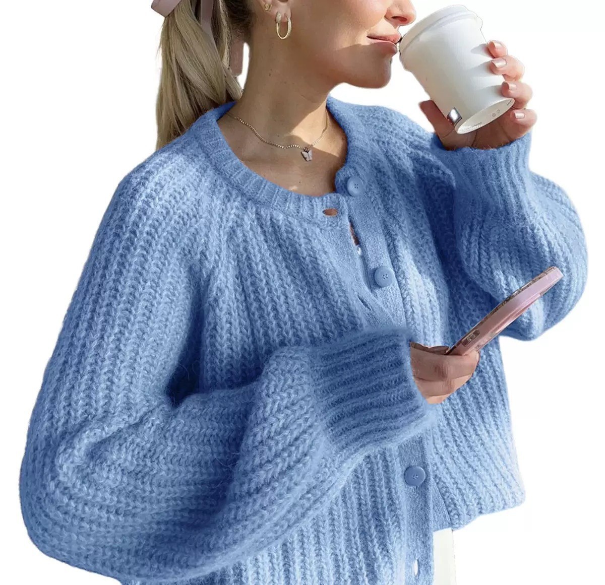 Women's Solid Color Knit Cardigan Crew Neck Long Sleeve Sweater