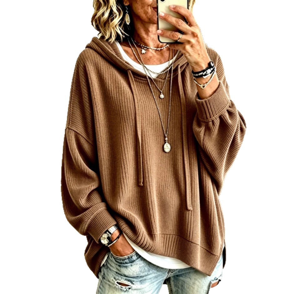 Solid Color Long-Sleeve Loose Hooded Drawstring Knit Sweatshirt