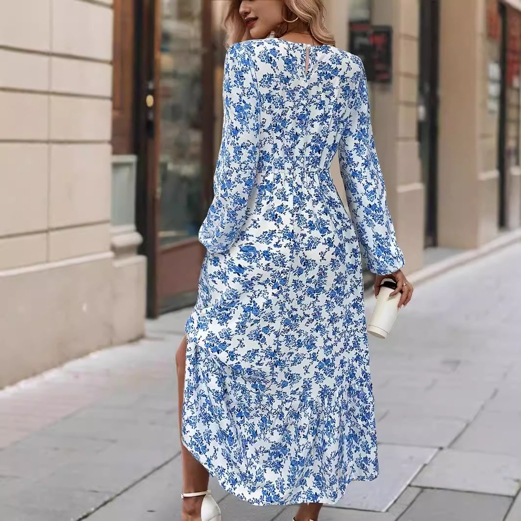 Women's Floral Print Round Neck Long Sleeve Ruffle Dress