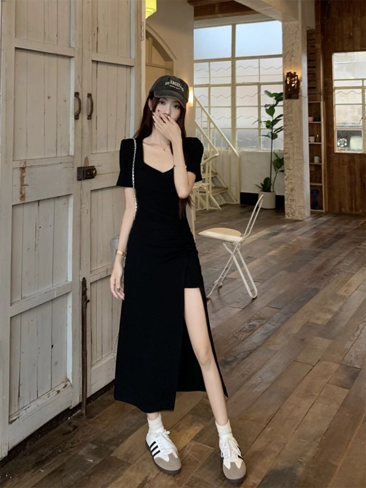 Women's Square Neck Short Sleeve Bodycon Midi Dress with Slit