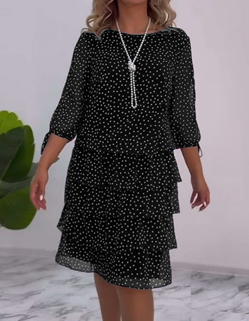 Elegant Polka Dot Print Round Neck Tiered Cake Dress