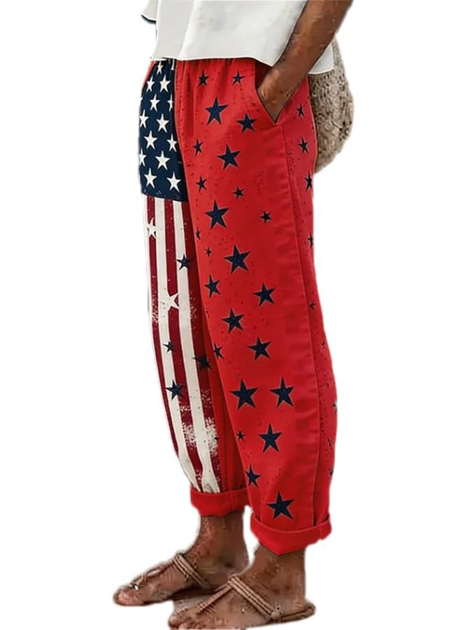 Women's American Flag Print Jogger Pants Casual Tapered