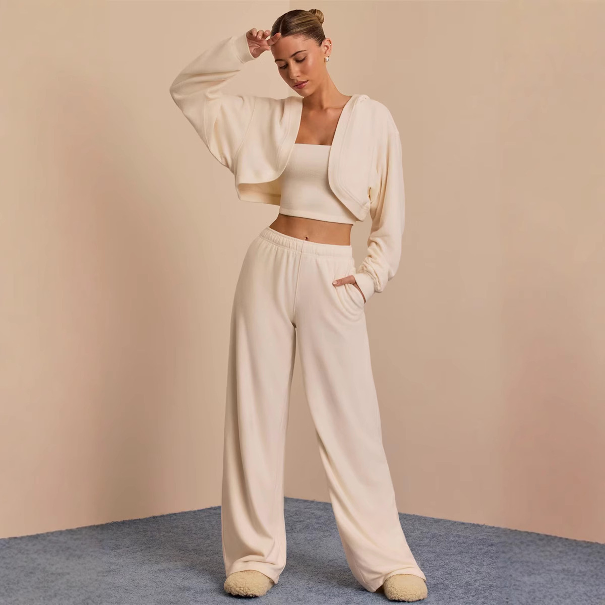 Women's Solid Color Cropped Hooded Three-Piece Pants Set Casual Streetwear