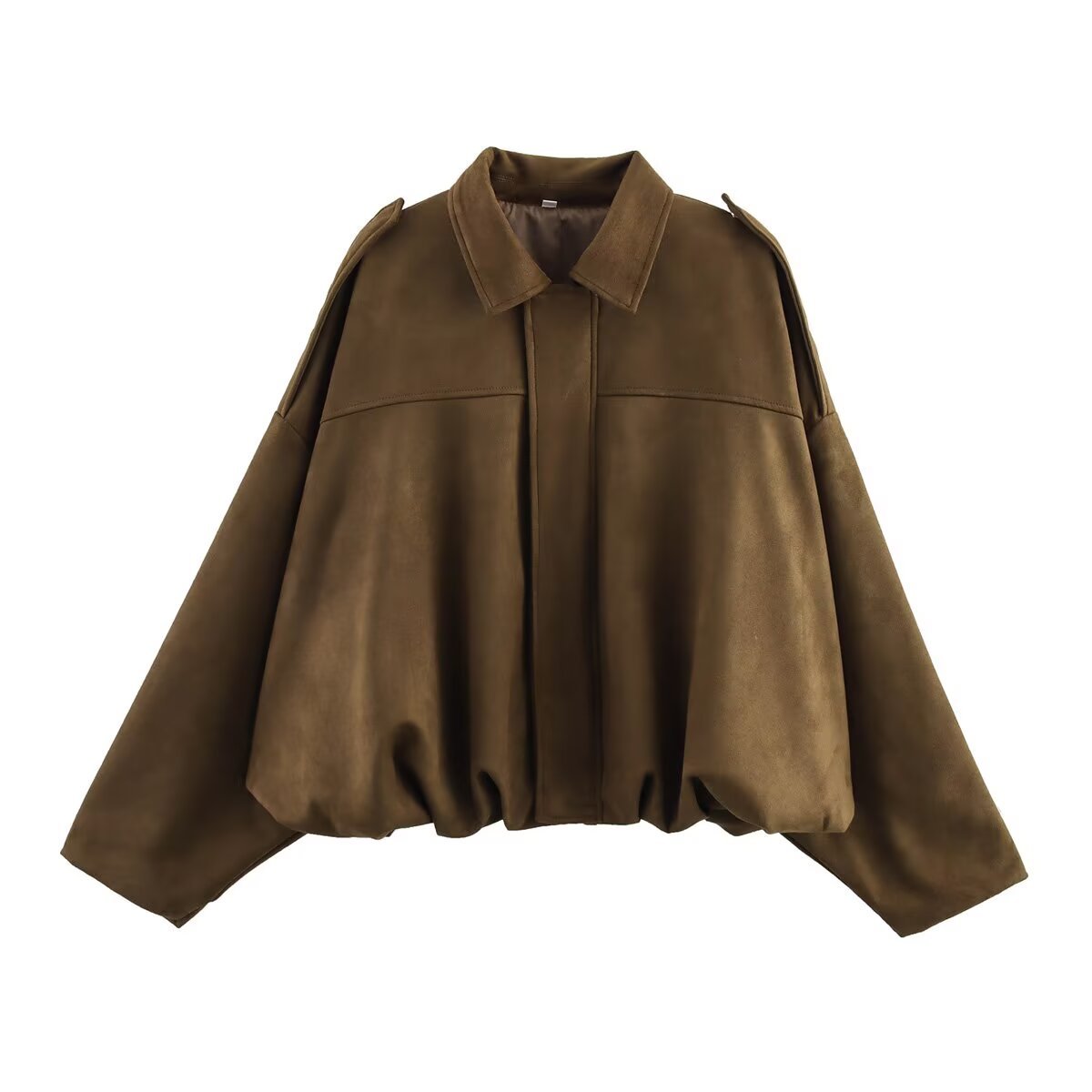 Suede-Feel Faux Leather Bomber Jacket with Lapel Collar