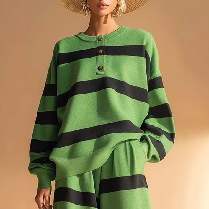 Green & Black Striped Casual Sweatshirt and Pants Set