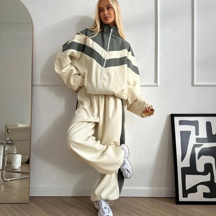 Women's Colorblock Zip-Up Cardigan and Pants Two-Piece Set Long Sleeve