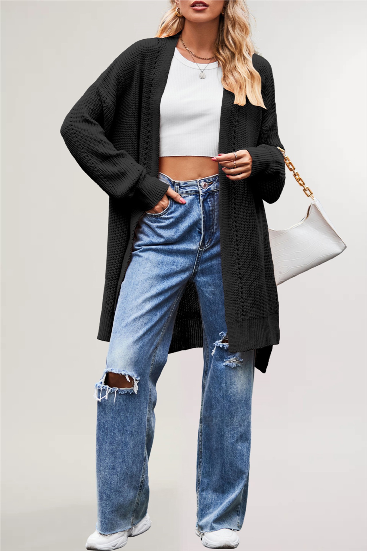 Women's Solid Color Loose Knit Cardigan with Pockets