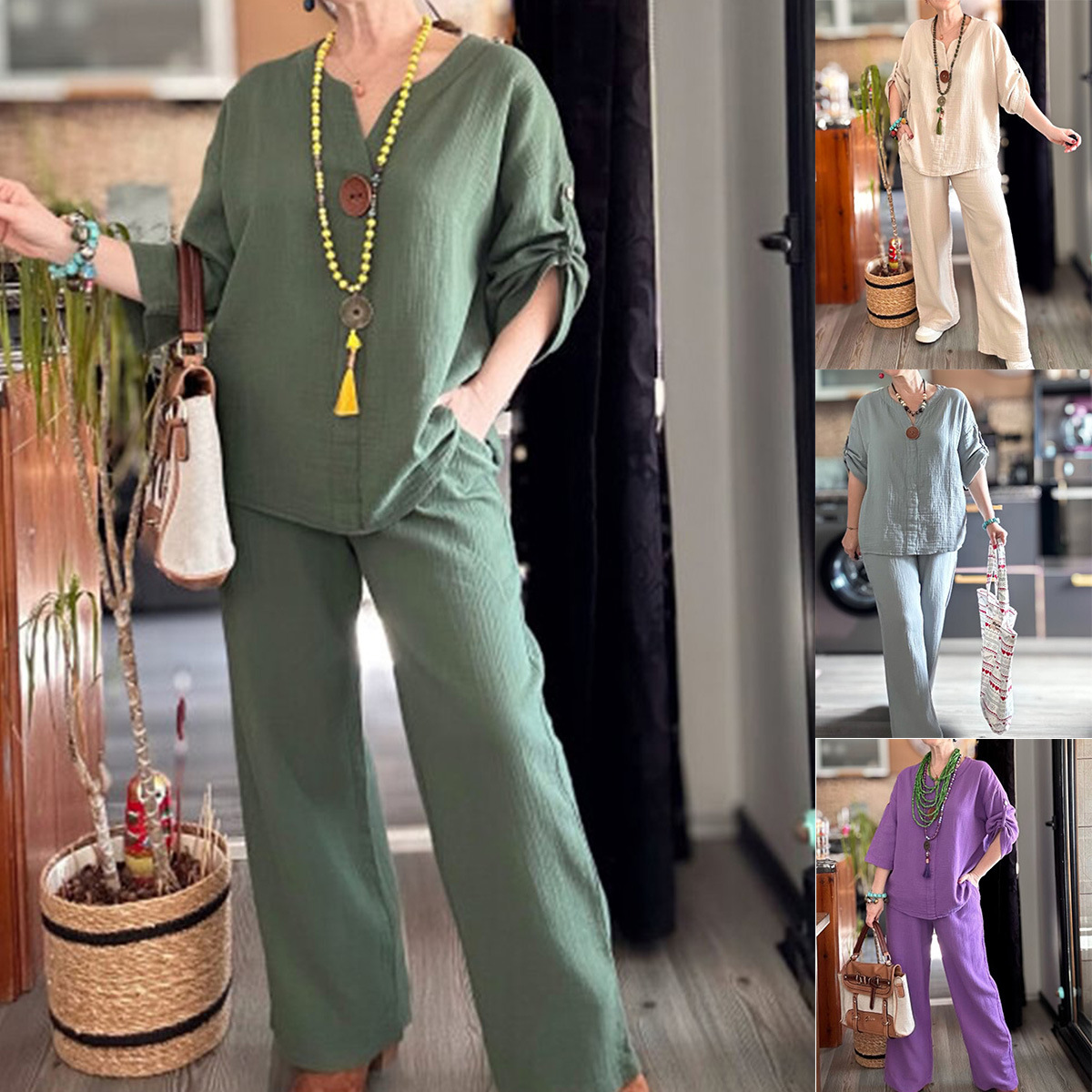 Cotton-Linen Two-Piece Set with Mid-Sleeve Top and Wide-Leg Pants